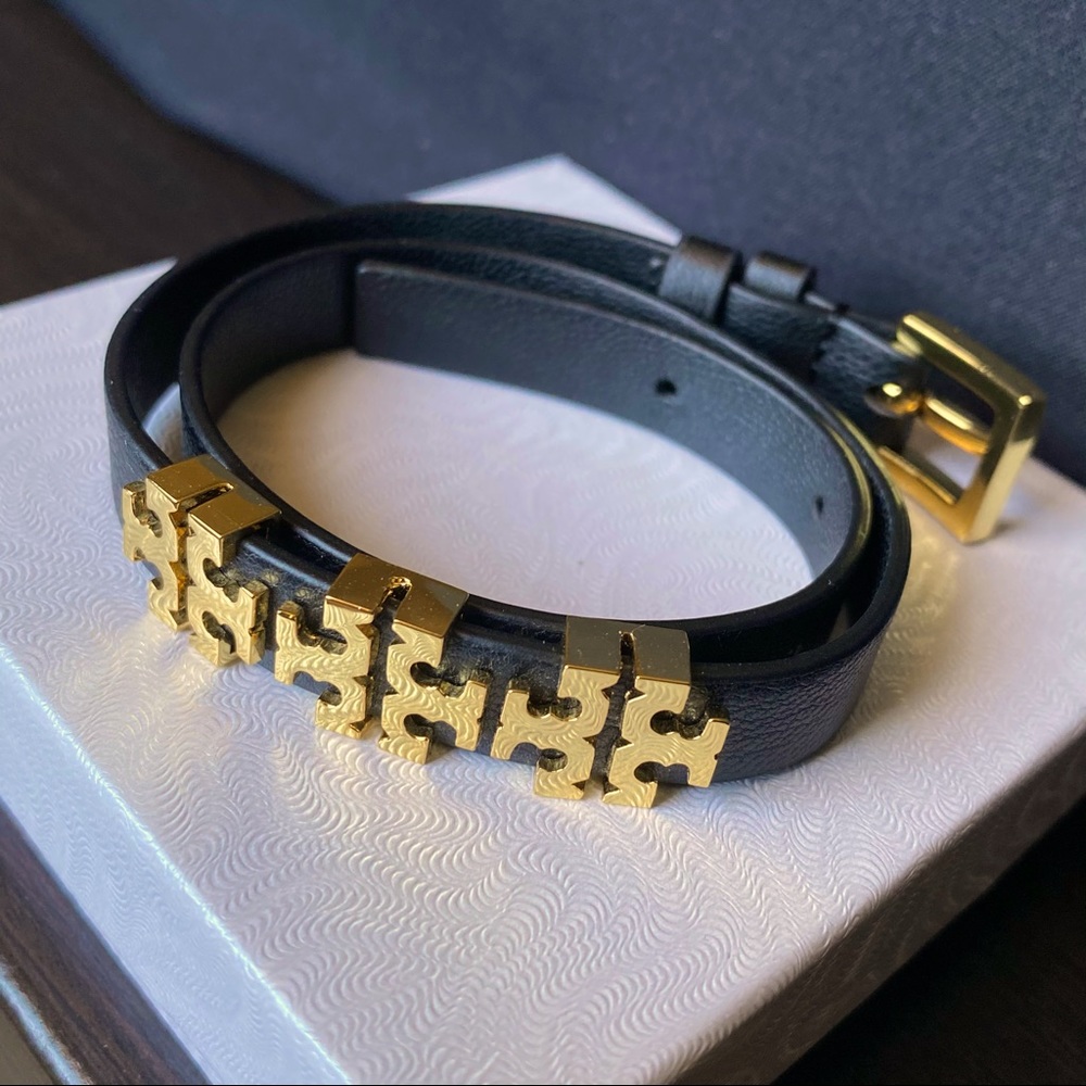 Tory Burch Gold Tone Logo Wrap Leather Bracelet
